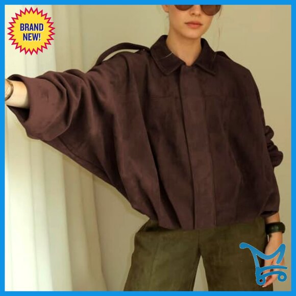 Faux Suede Bomber Jacket Lightweight Oversized Batwing Sleeves Chic Streetwear - Picture 6 of 7
